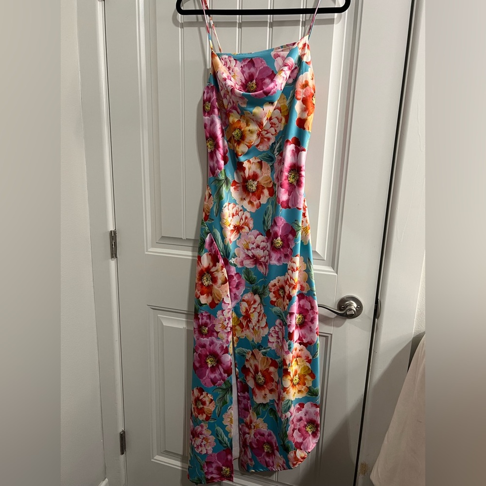 IRIS Floral Gardens Slit Asymmetric Maxi Body-con Dress Women’s size Small - Picture 5 of 16